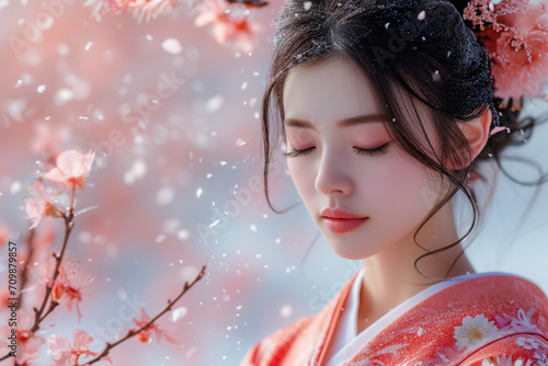 Asian woman wearing a kimono and falling cherry blossoms. Flower Festival, spring in Japan. Red, pink colors