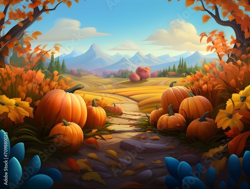 Fairy tale illustration  pumpkins flowers fields with mountains in background. Banner. Pumpkin as a dish of thanksgiving for the harvest.