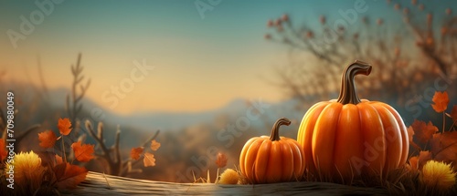 Elegantly arranged pumpkins at sunset., banner with space for your own content. Bright background colors.