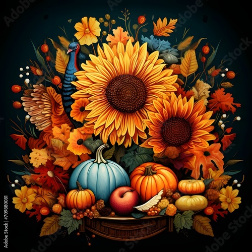 Basket of autumn flowers and a harvest of sizable on a black isolated background. Pumpkin as a dish of thanksgiving for the harvest.