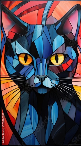 Stained glass window background with colorful cat abstract.