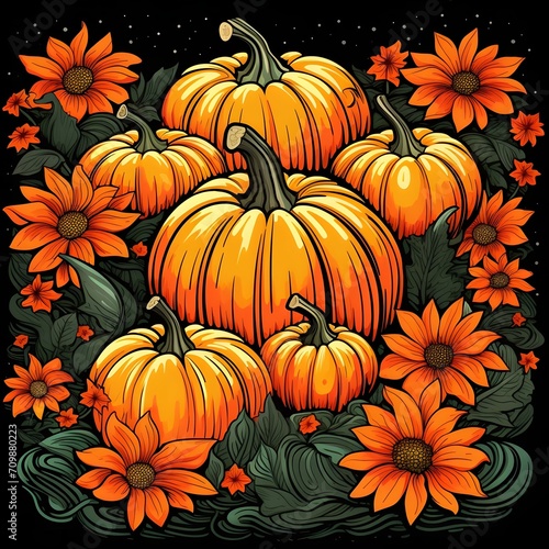 A pair of pumpkins and orange Flowers with Green Leaves on a black background illustration. Pumpkin as a dish of thanksgiving for the harvest.