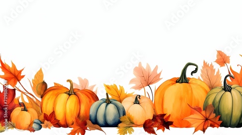 Pumpkins and autumn leaves and vines  banner with space for your own content. White background color.