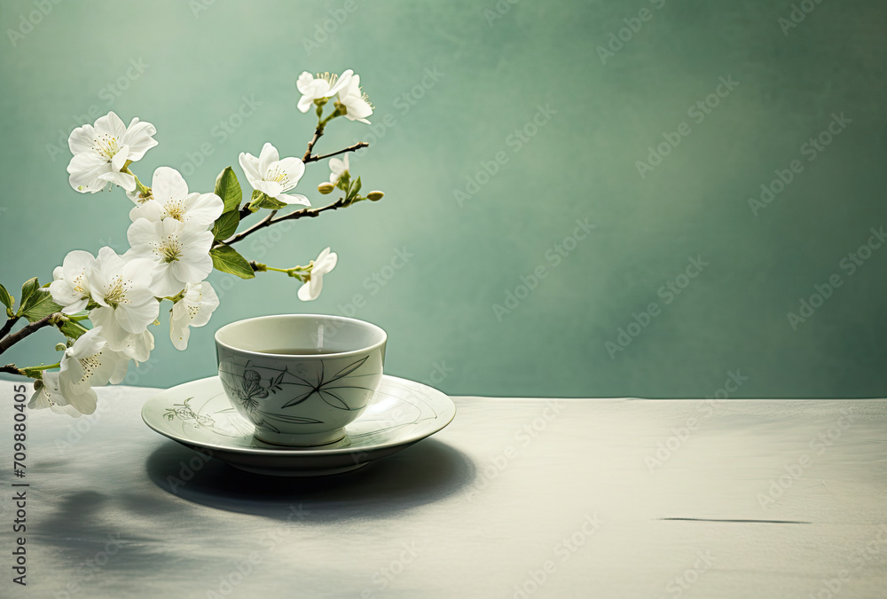 Cup and Saucer With White Flowers Branch Cup and Saucer With White Flowers Branch
