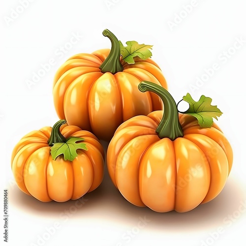 Illustration of three orange 3D pumpkins. Pumpkin as a dish of thanksgiving for the harvest, picture on a white isolated background.