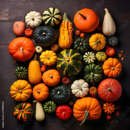 An aerial view of colorful pumpkins, on dark boards. Pumpkin as a dish of thanksgiving for the harvest.