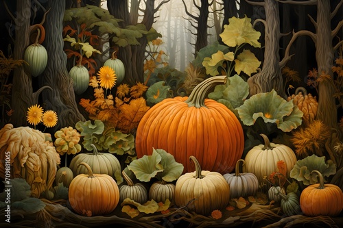 Illustration of pumpkins green tree leaves  roots  abstract. Pumpkin as a dish of thanksgiving for the harvest.