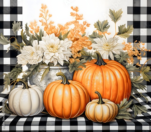 Pumpkin flower leaves on a checkered background. Pumpkin as a dish of thanksgiving for the harvest.