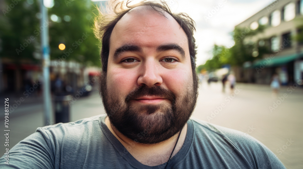 an ordinary slightly plump man making selfie outdoors. Portrait of a middle-aged happy guy on the street an ordinary slightly plump man making selfie outdoors. Portrait of a middle-aged happy guy on the street