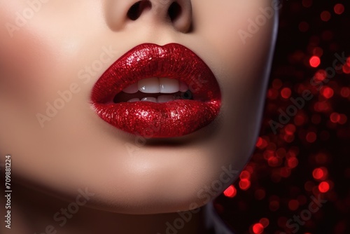 Close-up beauty portrait of a young woman with red lipstick.