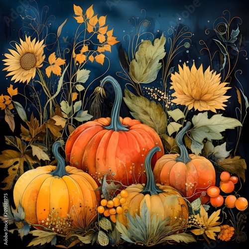 Illustration; pumpkins flowers rowan on dark background. Pumpkin as a dish of thanksgiving for the harvest.