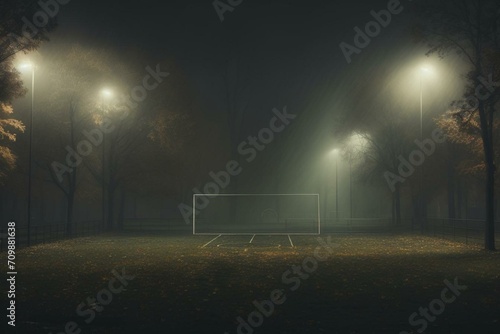 a misty soccerfield at night with mysterious ambiance. Generative AI