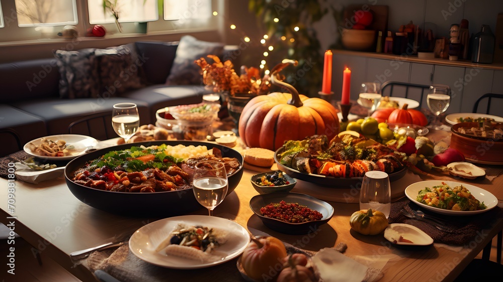 Richly set table with food for Thanksgiving. Pumpkin as a dish of thanksgiving for the harvest.