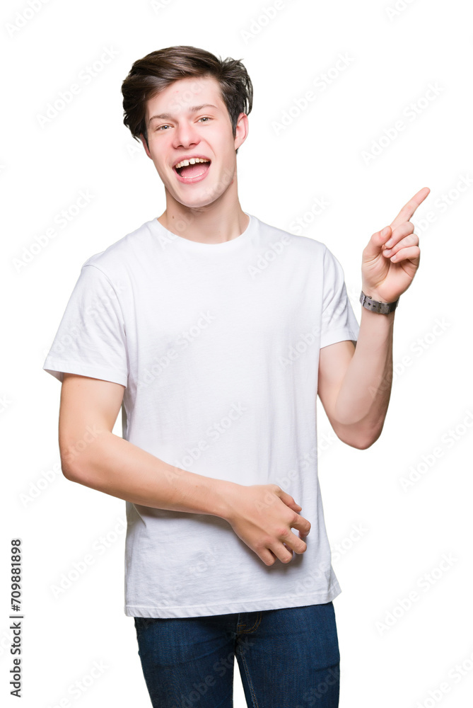 Young handsome man wearing casual white t-shirt over isolated background with a big smile on face, pointing with hand and finger to the side looking at the camera. Young handsome man wearing casual white t-shirt over isolated background with a big smile on face, pointing with hand and finger to the side looking at the camera.