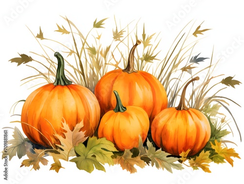 Pumpkins around them autumn leaves and tall grasses. Pumpkin as a dish of thanksgiving for the harvest  picture on a white isolated background.