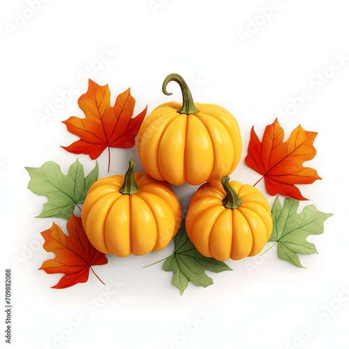 Three small orange pumpkins and autumn leaves. Pumpkin as a dish of thanksgiving for the harvest  picture on a white isolated background.