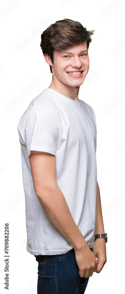 Young handsome man wearing casual white t-shirt over isolated background with a happy and cool smile on face. Lucky person. Young handsome man wearing casual white t-shirt over isolated background with a happy and cool smile on face. Lucky person.