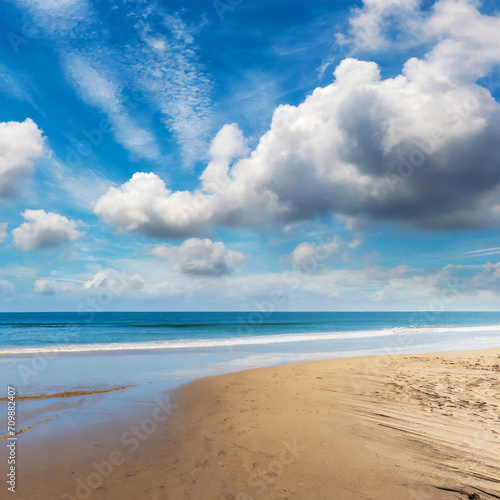 Beautiful cloudscape over the ocean with an empty sandy beach