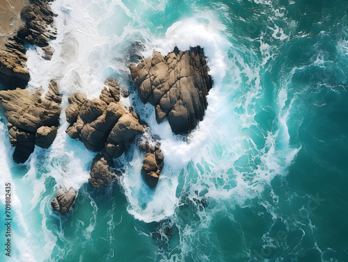 Aerial view of sea waves crashing on the rocks, Aerial view of a rocky coastline with waves breaking on it.