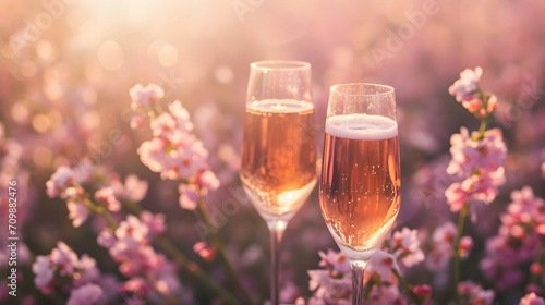 Product photograph of two glasses of champagne in a field of blooming flowers. Sunlight. Drinks. Valentines. Love photo