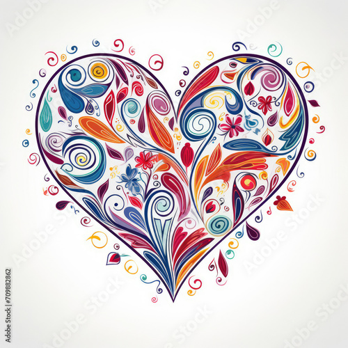 Colorful Heart With Swirls and Flowers on White Background