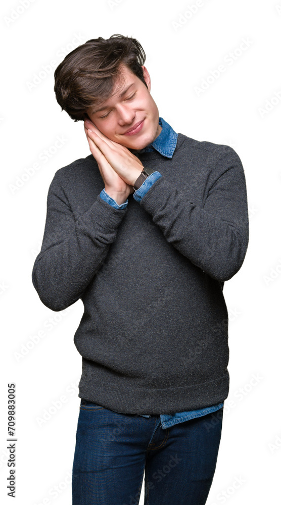 Young handsome elegant man over isolated background sleeping tired dreaming and posing with hands together while smiling with closed eyes.
