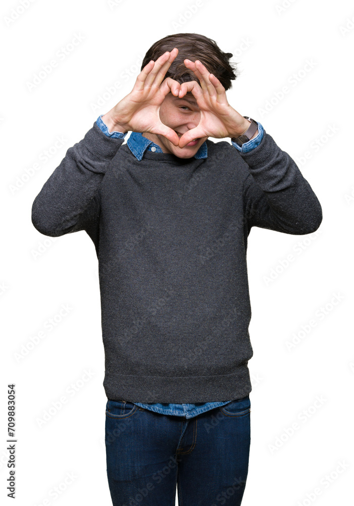 Young handsome elegant man over isolated background Doing heart shape with hand and fingers smiling looking through sign Young handsome elegant man over isolated background Doing heart shape with hand and fingers smiling looking through sign