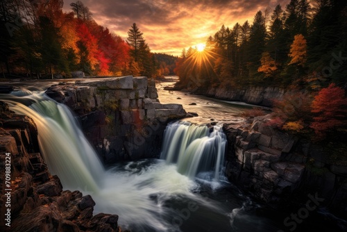 Drone photography of an autumn landscape with waterfalls and forests