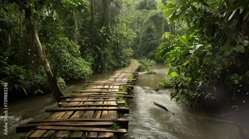 a wooden bridge that passes through the wilderness on the edge of the river. seamless looping time-lapse virtual video Animation Background. photo