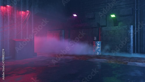 Cyberpunk  urban night scene. Alley with building, wires, pipes, barrel, trash can, neon lights, flying smoke for templates, banners, posters. 4k video footage. 3d render modern design in stock video.