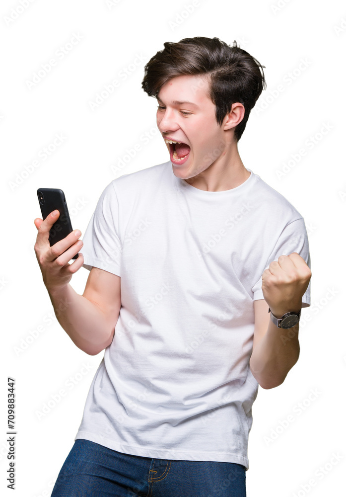 Young man using smartphone over isolated background screaming proud and celebrating victory and success very excited, cheering emotion Young man using smartphone over isolated background screaming proud and celebrating victory and success very excited, cheering emotion
