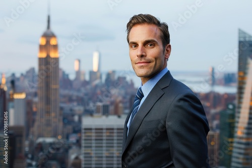 Studio portrait of an American man in a classic business suit, exuding professionalism, against a city skyline backdrop.