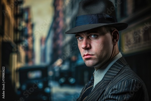 Studio portrait of an American man dressed as a vintage 1920s gangster, with a backdrop of an old city street. © furyon