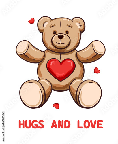 Cute teddy bear toy with slogan. Hugs and love sign. Design for apparel, dress, fabric, clothes, print.