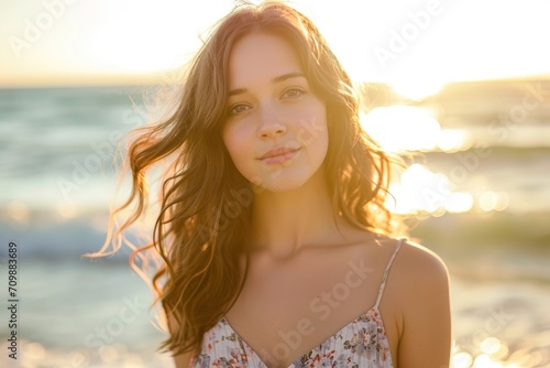 Studio portrait of an American woman in a casual summer dress, against a backdrop of a sunny beach scene.