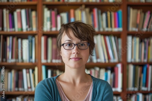 Studio portrait of an American woman as a librarian, with a backdrop of bookshelves filled with books.