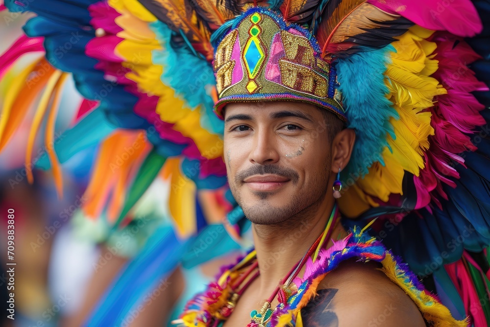 Studio shot of a Latino man in a vibrant carnival costume, with a festive background.