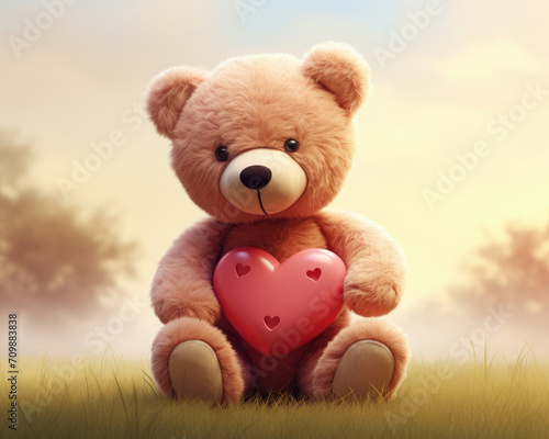 Teddy Bear Holding Heart Sitting in Grass © Piotr