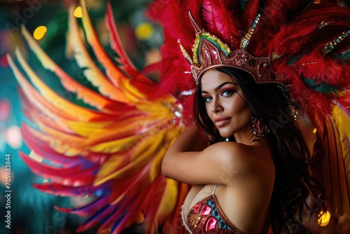 Studio shot of a Latina woman in a samba costume with feathers, against a festive, colorful background.