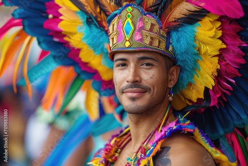 Studio shot of a Latino man in a vibrant carnival costume, with a festive background.
