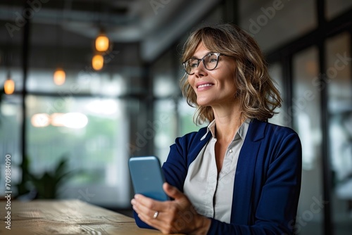 Happy mature business woman executive holding cell phone looking away in office. Smiling mid aged 40s professional businesswoman manager entrepreneur using cellphone working on smartphone.GenerativeAI photo