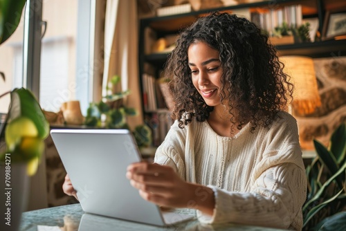Young happy latin woman, curly casual girl student using tablet and laptop elearning or remote hybrid working at home online looking at tab technology device sitting at table in living, Generative AI
