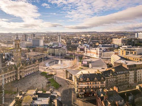 Aerial view of Bradford City Centre including Town Hall on a sunny day
