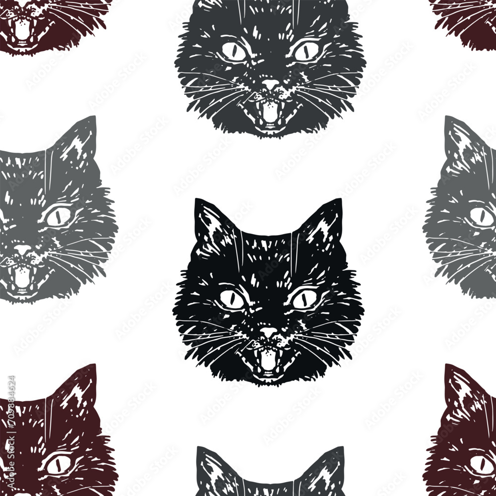 Angry black cat face ornament. Hissing cat halloween vector seamless pattern. Illustration in retro engraving style .