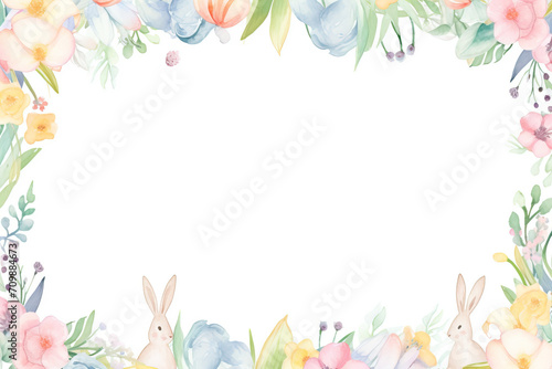 a frame incorporating elements of an Easter egg hunt  showcasing decorated eggs hidden among flowers  along with cute bunnies  nests   pastel-colored