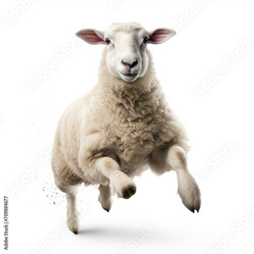 Sheep Jumping in Air on White Background - Energetic Animal Leaping in Mid-Air