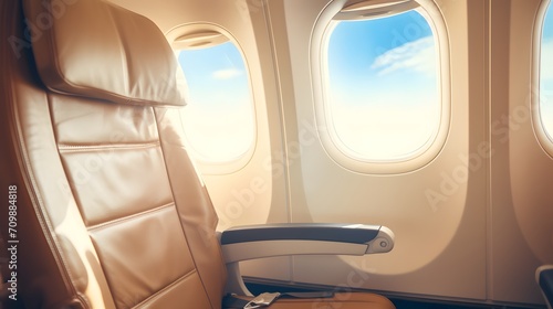 Plane window with white sunlight. Empty plastic airplane tray table at seat back. Economy class airplane window. Inside of commercial airline. Seat with armchair. Leather seat of economy class plane. 
