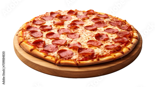  Captivating angle showcasing the scrumptious details of a Pepperoni Pizza, with a focus on the enticing combination of cheese, crust, and pepperoni on a white backdrop. 
