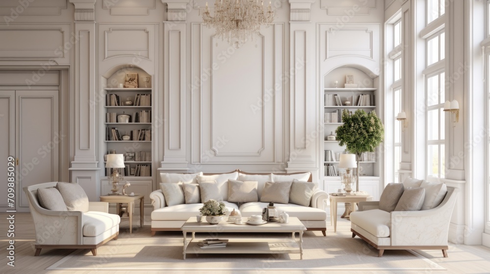 A living room with white furniture and a chandelier
