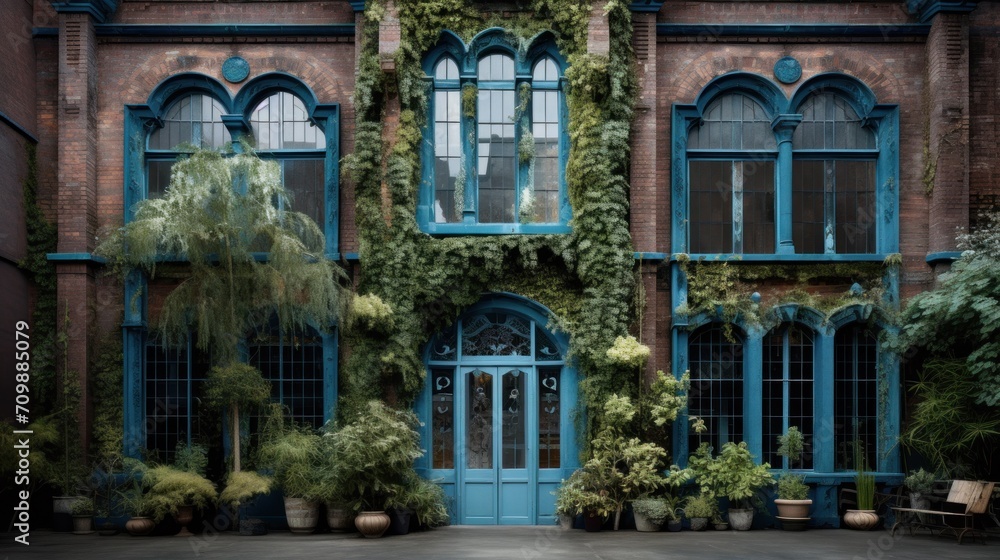 Fototapeta premium A building with a blue door and a bench in front of it